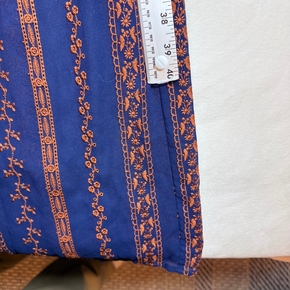 BCBGMAXAZRIA Navy Blue Orange Embroidered Lace Trim Maxi Dress Long Sleeve XXS - Picture 13 of 16